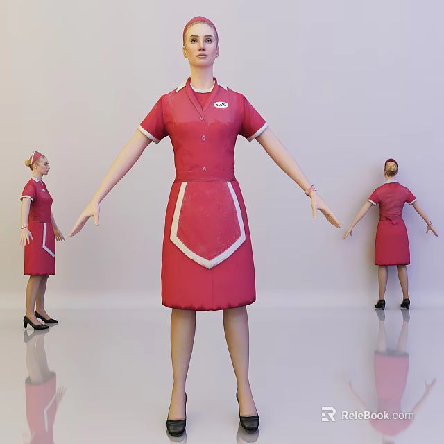 Woman In Red Professional Uniform With White Trim Standing In Different Poses 3d model 