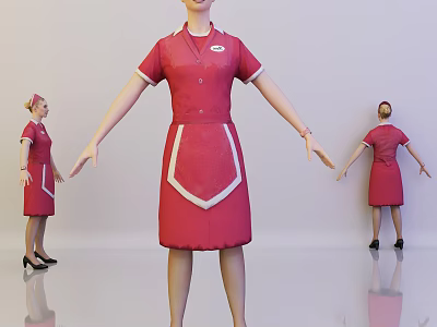 Woman In Red Professional Uniform With White Trim Standing In Different Poses 3d model