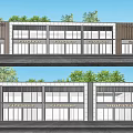 Modern Commercial Street With Storefronts Glass Windows And Wooden Metal Facades