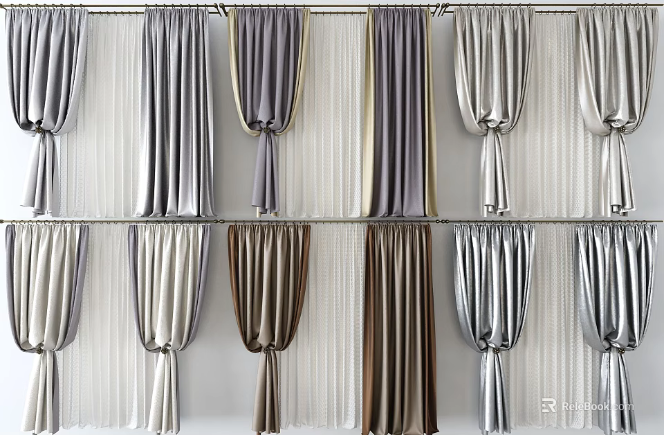 Stylish Colored Curtains With Sheer Layers And Multiple Designs For Home Interior 3d model 