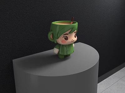 Green Cartoon Character Shaped Mug On Gray Round Platform With Black Wall And Brown Stirrer 3d model