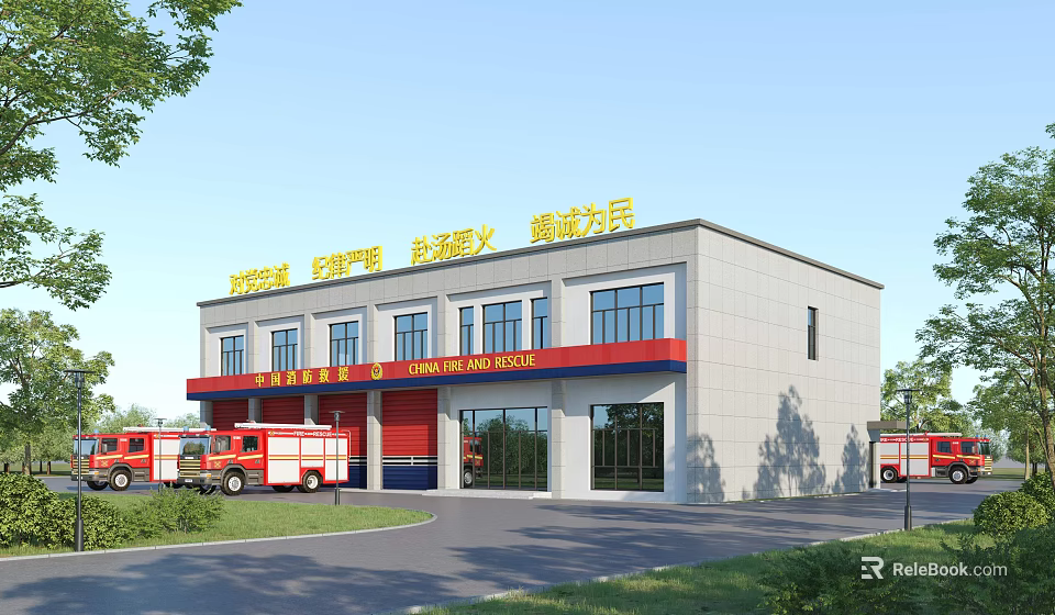 Modern Fire Station Exterior With Parked Fire Trucks Red Accents And Glass Entrance 3d model 