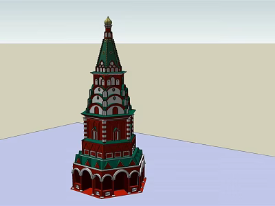 Russian Traditional Tower With Red Green Exterior And Golden Onion Dome Design 3d model