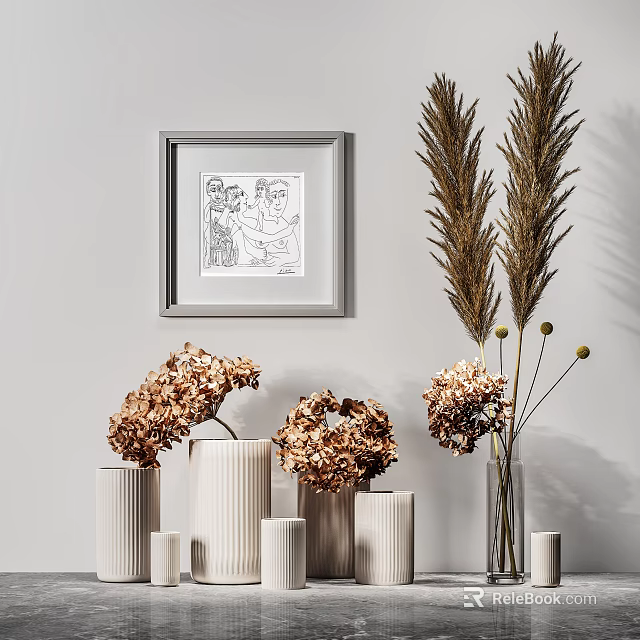 Ceramic Vases With Dried Hydrangea And Reed Flowers In Minimalist Interior With Wall Art 3d model 