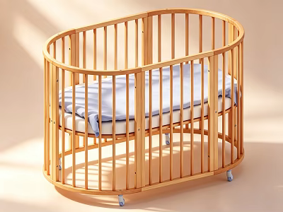 Modern Wooden Round Baby Crib With Comfortable Blue Mattress And Wheels 3d model