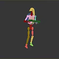 Orange Robot Game Movie Character Holding Gun in Standing Pose on Gray Background