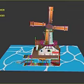 3D Windmill Model Kit Featuring Orange Blades Blue Water Base And Small House Platform