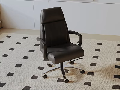 Black Leather Leisure Chair With Rolling Wheels In Modern Interior On Geometric Carpet 3d model