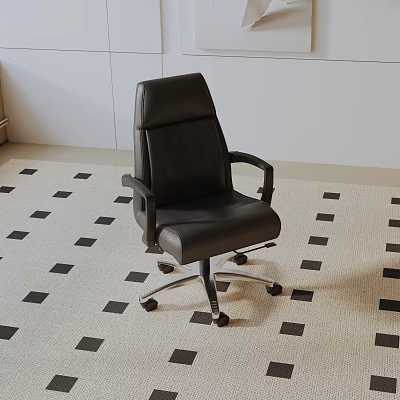 Black Leather Leisure Chair With Rolling Wheels In Modern Interior On Geometric Carpet 3d model