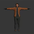 Man In Orange Jacket With Black Gloves Standing With Arms Outstretched On Gray Background