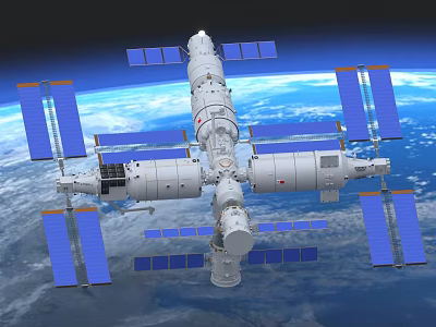 International Space Station With Blue Solar Panels And Modules Orbiting Earth 3d model