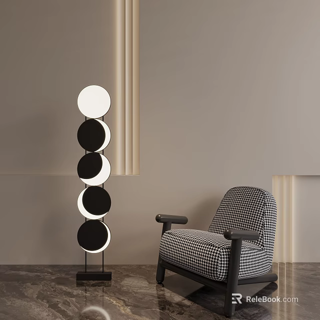 Black And White Checkered Armchair With Modern Floor Lamp In Minimalist Interior 3d model 