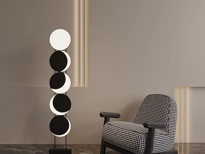 Black And White Checkered Armchair With Modern Floor Lamp In Minimalist Interior 3d model