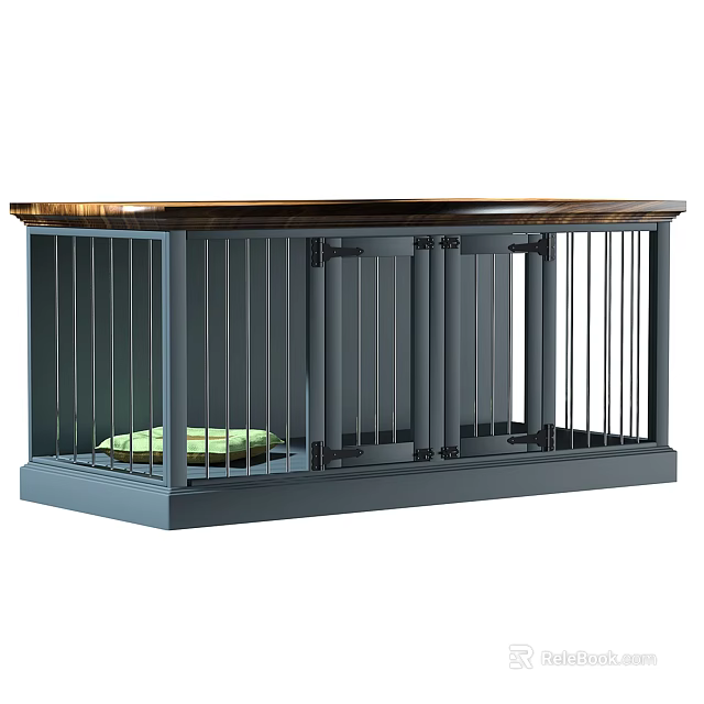 Modern Gray Metal Dog Crate With Sleek Bars And Green Cushion Inside Design 3d model 