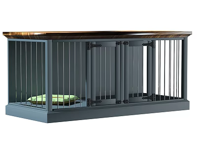 Modern Gray Metal Dog Crate With Sleek Bars And Green Cushion Inside Design 3d model