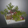 Miniature Model Scene With Red House Small Cabin Green Trees Wooden Steps And Pond