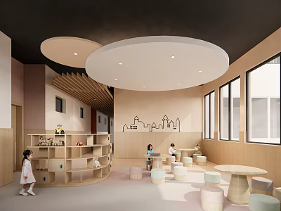 Bright Kindergarten Indoor Play Area With Kids Round Tables Bookshelves City Silhouette Wall And Windows 3d model