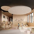 Bright Kindergarten Indoor Play Area With Kids Round Tables Bookshelves City Silhouette Wall And Windows