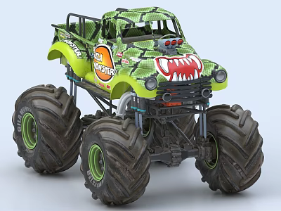 Green Camouflage Monster Truck Utility Vehicle With Large Tires And Graphic Design 3d model