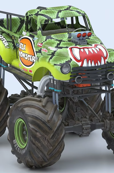 Green Camouflage Monster Truck Utility Vehicle With Large Tires And Graphic Design 3d model