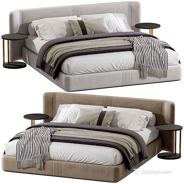 Elegant Double Bed with Beige Headboard Soft Pillows and Bedside Tables 3d model