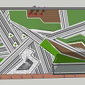 Park Landscape Design With Colorful Paved Paths Green Trees Red Seats And Blue Water Feature