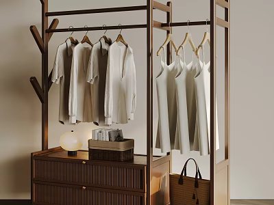 Modern Open Wooden Clothing Rack With Hanging Shirts Dresses Drawer Cabinet And Table Lamp 3d model