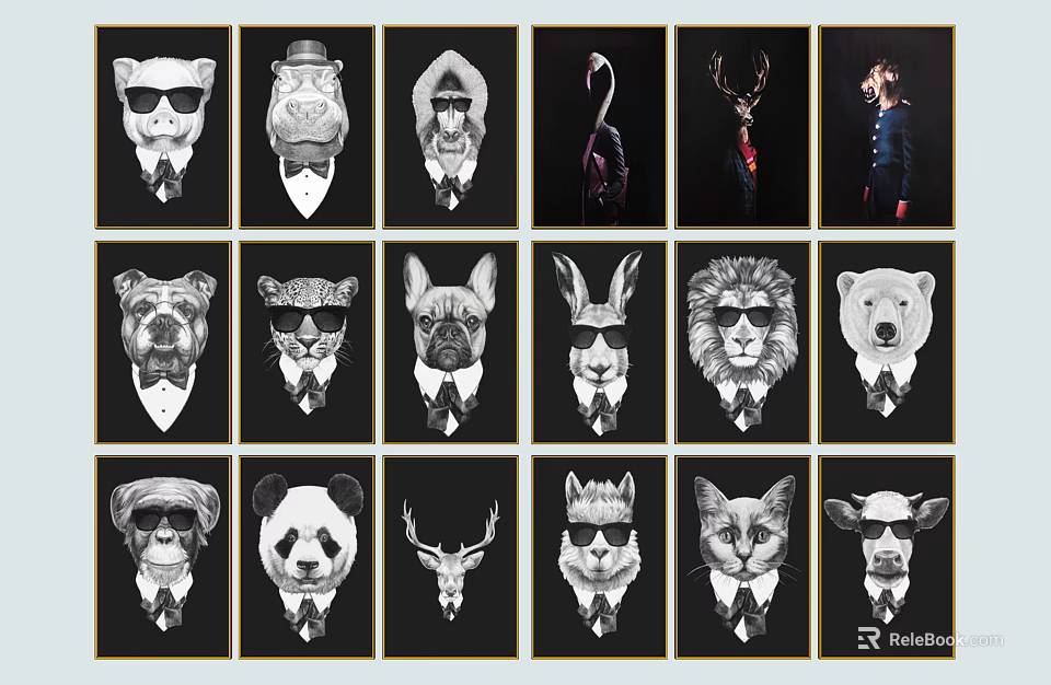 Stylish Animal Themed Wall Art With Suits Hats And Sunglasses Design 3d model 