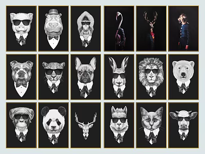Stylish Animal Themed Wall Art With Suits Hats And Sunglasses Design 3d model