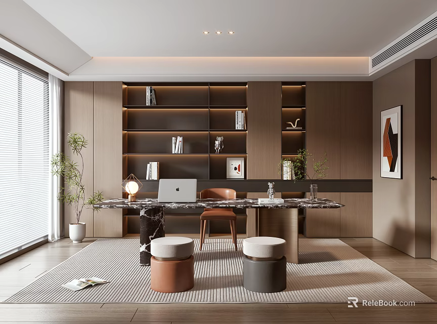 Modern Home Office Interior With Wooden Bookshelves Writing Desk Comfortable Chair And Area Rug 3d model 