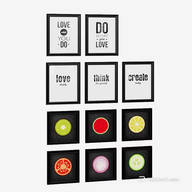 Abstract Paintings With Typography And Fruit Motifs In Framed Wall Art Collection 3d model 