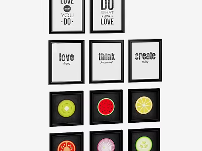 Abstract Paintings With Typography And Fruit Motifs In Framed Wall Art Collection 3d model