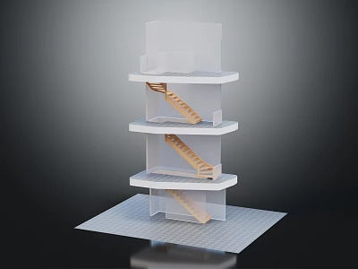 Modern Staircase Connecting Multiple Floors In White Architectural Model With Platforms 3d model