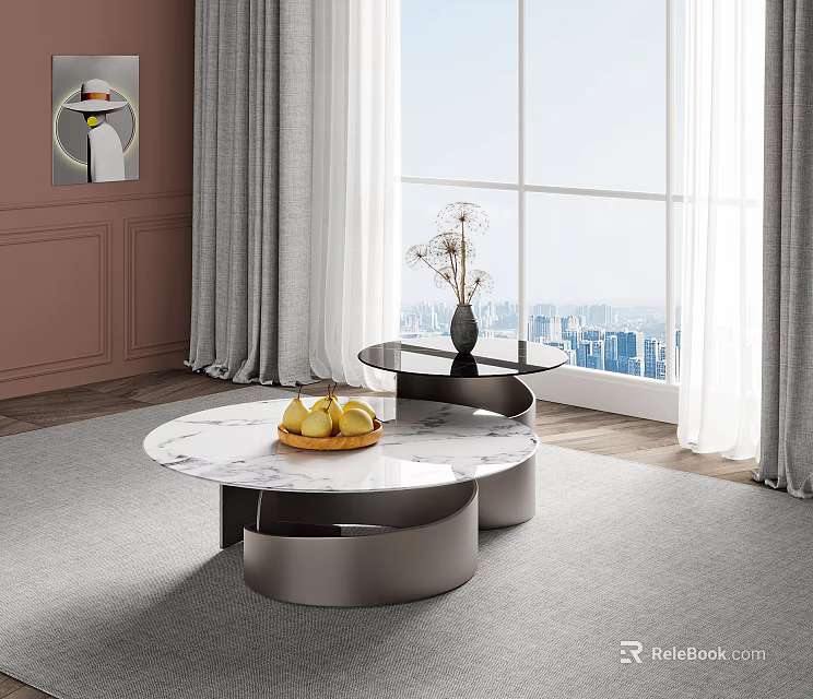Modern Marble Coffee Table With Fruit Tray Vase And City View Through Window 3d model