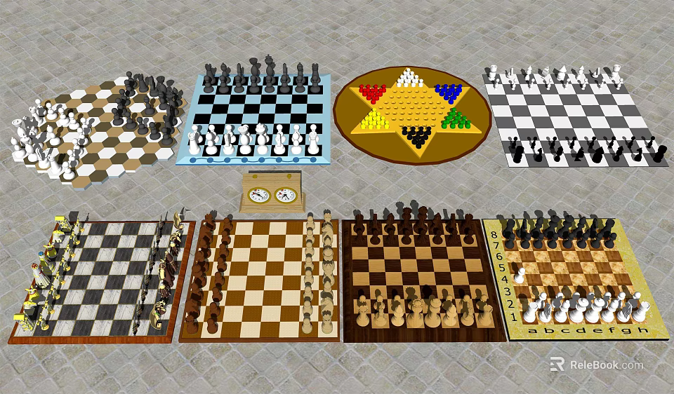 Various Chess And Board Games Collection With Different Boards And Colorful Pieces 3d model 