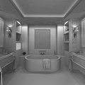 Luxurious Hotel Bathroom Featuring Central Bathtub Decorative Wall Double Vanities Wall Sconces And Warm Lighting