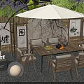 Outdoor Table With White Umbrella Bamboo Fence Decorative Paintings And Tea Set