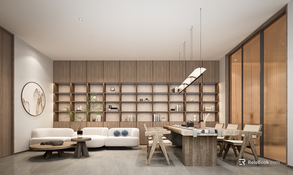 Modern Tea Room Interior Design With Wooden Bookshelves Sofa Long Table And Hanging Lamps 3d model 