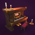 Vintage Wooden Organ Painting Tools With Keyboard Candlesticks And Pink Stool