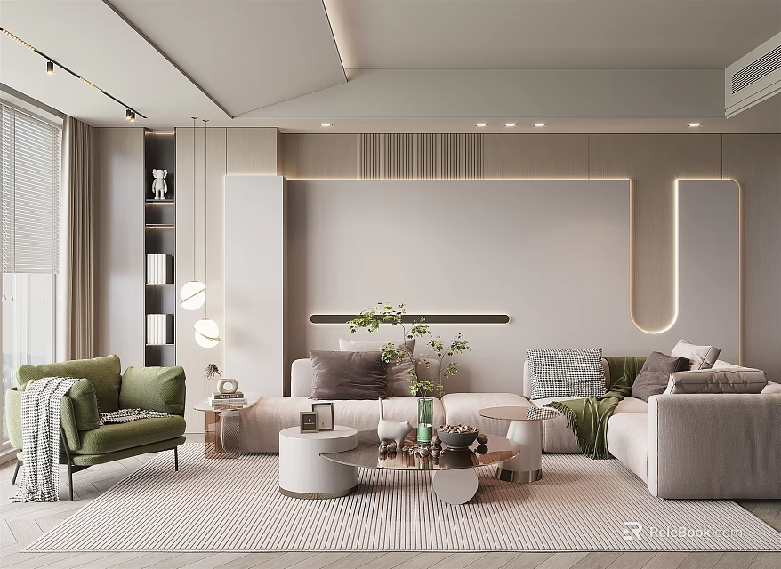 Elegant Modern Living Room Interior Design With Comfortable Sofa Coffee Table And Green Plants 3d model 