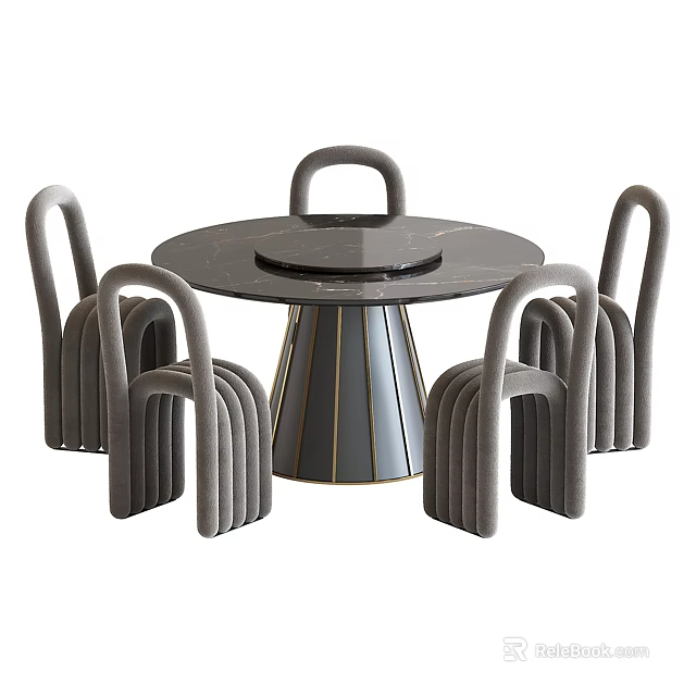 Modern Round Dining Table Set With Marble Top And Gray Curved Chairs 3d model