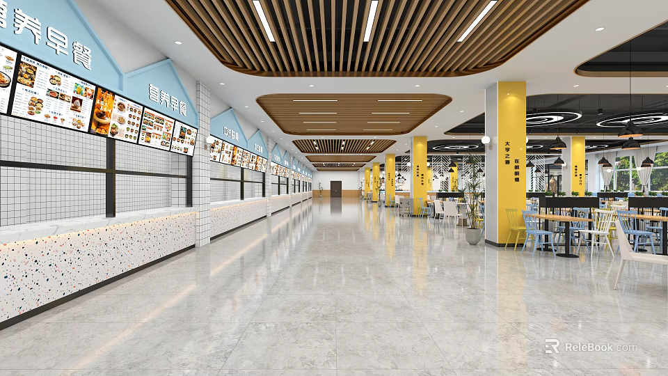 Spacious Cafeteria Interior With Food Stalls Yellow Pillars Wooden Ceiling And Tables Chairs 3d model 