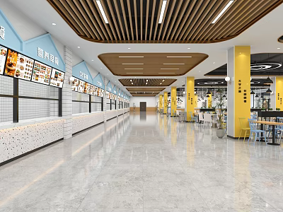 Spacious Cafeteria Interior With Food Stalls Yellow Pillars Wooden Ceiling And Tables Chairs 3d model