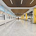 Spacious Cafeteria Interior With Food Stalls Yellow Pillars Wooden Ceiling And Tables Chairs