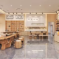 Modern Tea Shop Interior With Wooden Shelves Tea Canisters And Seating Area