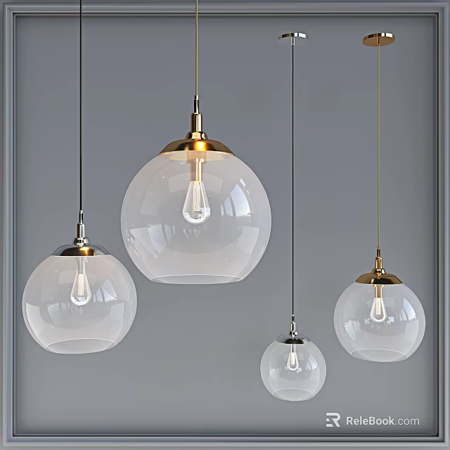 Modern Clear Glass Globe Pendant Lights With Gold Metal Top And Visible Bulbs 3d model 