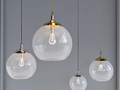 Modern Clear Glass Globe Pendant Lights With Gold Metal Top And Visible Bulbs 3d model
