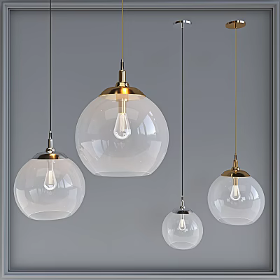 Modern Clear Glass Globe Pendant Lights With Gold Metal Top And Visible Bulbs 3d model