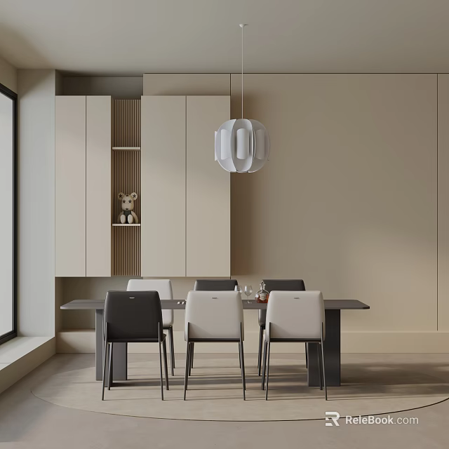 Modern Dining Table Set With Black And White Chairs Cabinets Pendant Light And Window 3d model 