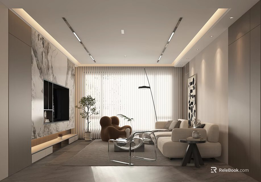 Modern Living Dining Room Interior With Sofa Chair Coffee Table TV And Plant 3d model 